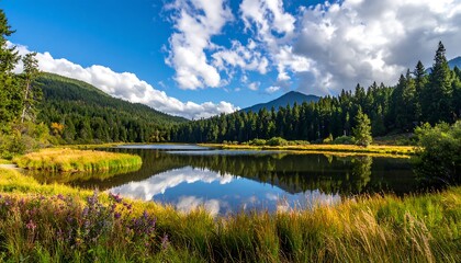 Tranquil lake reflects sky and green forest under a blue, cloudy sky.