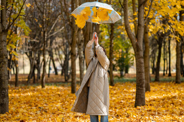 Conceptual portrait of woman in autumn park lifting umbrella with falling yellow maple leaves