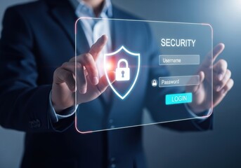 Person in dark suit interacts with glowing digital security interface hand finger