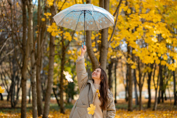 Conceptual portrait of woman in autumn park lifting umbrella with falling yellow maple leaves