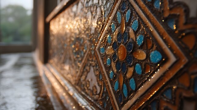 Intricate mosaic tiles with floral patterns reflecting warm light and moisture