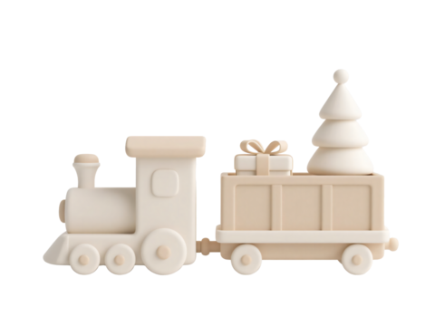 Holiday Express: A charming toy train carries the spirit of the season, with a festive Christmas tree and a wrapped gift, embodying the joy of giving.