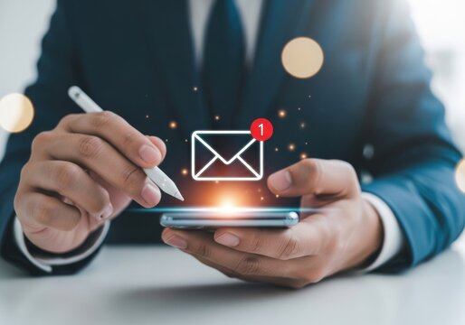 Person in dark suit using smartphone with email notification icon hands mobile