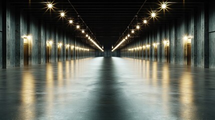 Empty, illuminated concrete hall with dark doors.