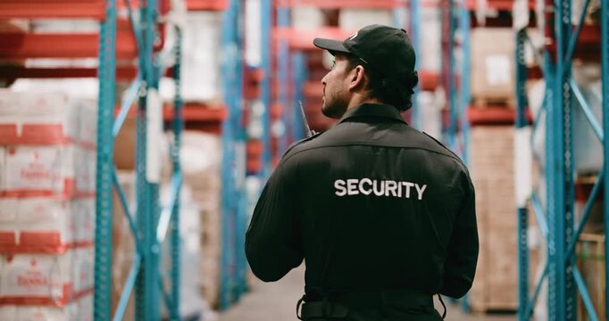 Logistics, man and security with radio in warehouse for inspection, quality control or export. Supply chain, shipping and back of safety manager with communication for freight delivery at factory.