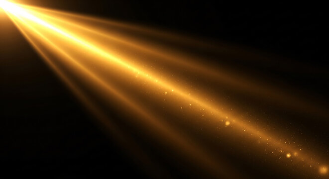 Golden light beam with lens flare effect on black background