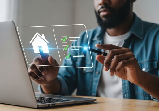 Person interacting with digital checklist and house icon on screen hands interface
