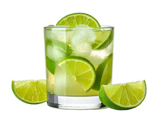 Refreshing citrus drink with ice and lime slices on black