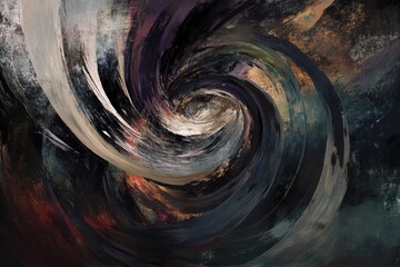 A digital painting of an abstract composition, with swirling patterns and fluid shapes in dark colors like black brown.