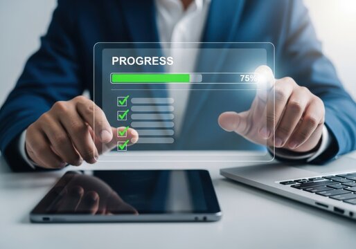 Person interacting with digital progress bar and checklist on transparent screen technology