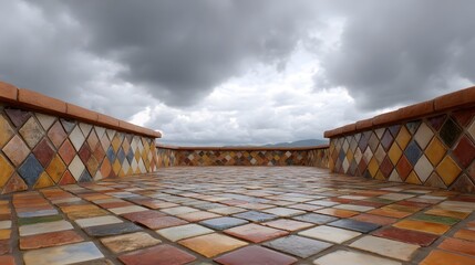 Obraz premium Overcast sky looms over a colorful wet tiled terrace featuring decorative mosaic walls with geometric patterns evoking a serene mood