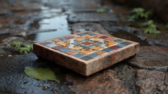 A close up of a decorative mosaic tile with vibrant colors resting on wet rustic cobblestones after a rain shower
