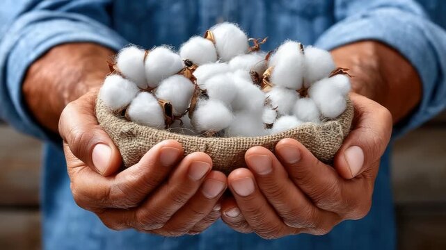 Close-up of a farmer's hands gently holding a bird's nest filled with freshly picked cotton bolls, symbolizing the harvest season and the natural origin of cotton fiber