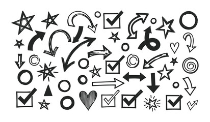 Collection of hand drawn black sketchy arrows stars circles hearts checkmarks and explosion shapes on white background