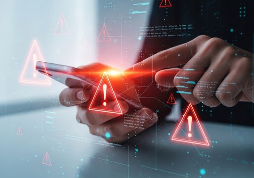 Person s hands holding smartphone with red warning symbols and data streams mobile