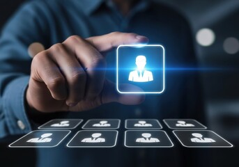 Person selecting profile icon from digital interface with multiple user icons hand finger