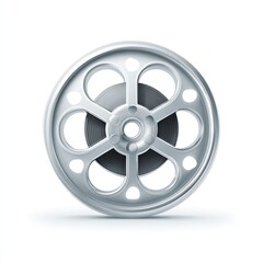 Naklejka premium Silver film reel, movie film showing, centered, white background