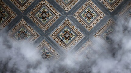 Intricate ornate geometric mosaic tiles create a classic pattern softened by ethereal rolling fog in an atmospheric setting