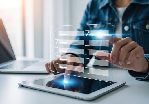 Person touching digital checklist on tablet screen with glowing effect hand
