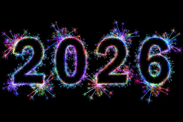 Kolorowe fajerwerki i zimne ognie układające się w noworoczny napis 2026 © Blue Pixel
