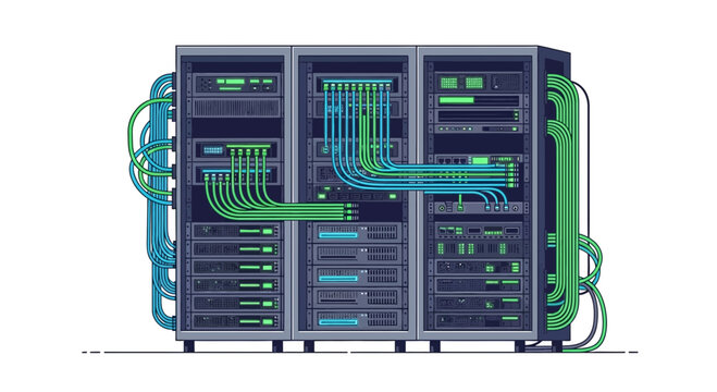 Modern server rack setup with organized blue and green network cables connecting various data center equipment