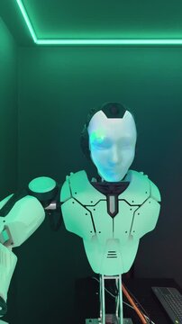 Futuristic humanoid robot with animated human-like face and mechanical arms demonstrates expressive gestures under neon lighting, showcasing advanced AI in robotics technology.