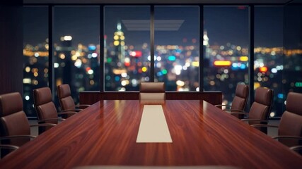 Inspiring Empty Boardroom Overlooking Sparkling City Skyline at Night