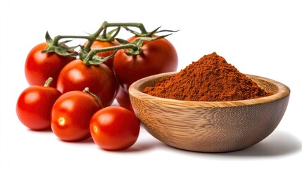 Fresh tomatoes and a bowl of paprika.