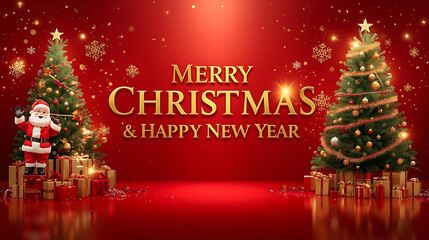 Gold Text Christmas and New Year Greetings on Red Background for flayers, banners, backgrounds, greetings, text space