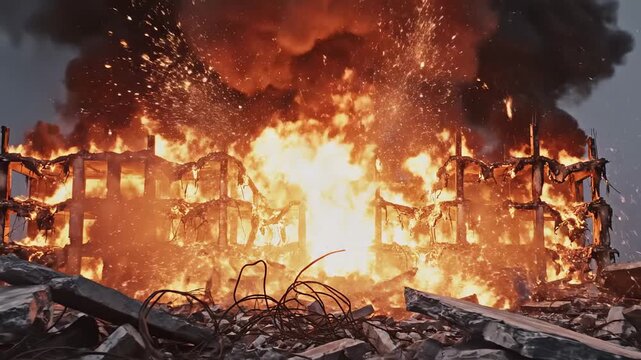 Concrete structure of a building burning intensely with huge flames and thick black smoke before a powerful explosion sends sparks and debris flying amidst the rubble in a dramatic warzone scene