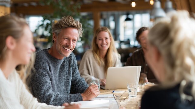 People engaging in a productive discussion at a casual workspace during the afternoon
