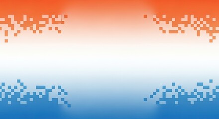 Abstract digital gradient with pixelated edges in orange, white, and blue.