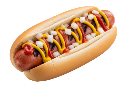 Delicious fully loaded hot dog with ketchup mustard and onions isolated on transparent background