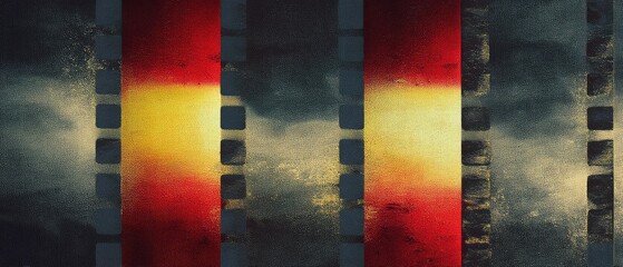 A film strip with a white border, a red and yellow gradient in the background, a grainy texture, blurred edges.