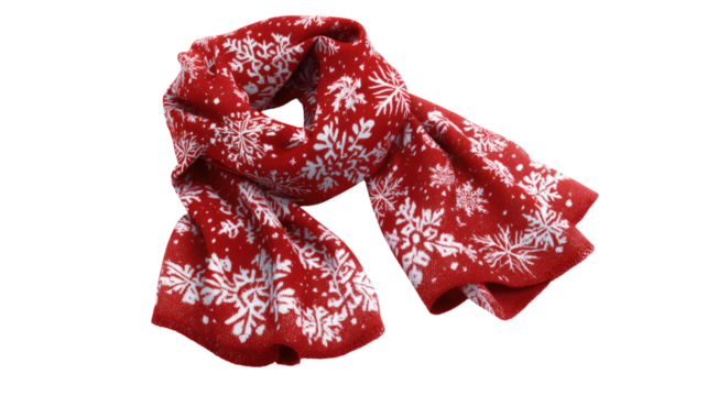  Red scarf with white snowflake patterns, cozy winter accessory for cold weather, festive fashion isolated on white background