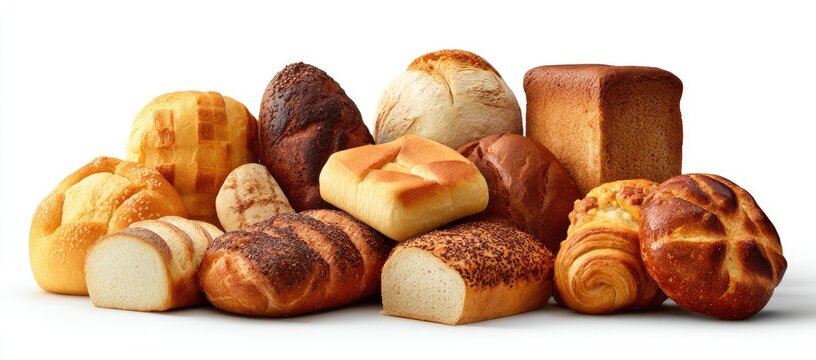 Assortment of freshly baked bread varieties on a white background. Crusty, soft textures