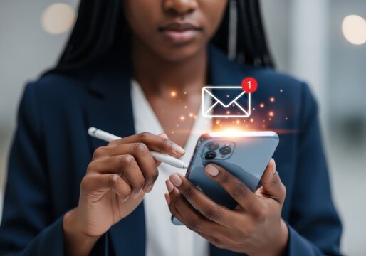 Woman in dark blue suit using smartphone with email notification icon technology communication