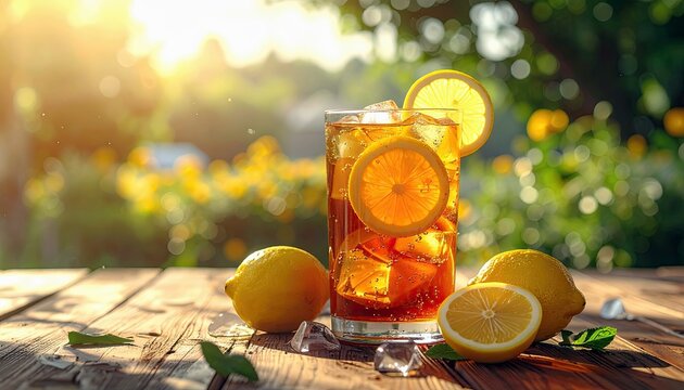 A tall glass of iced tea with lemon slices and ice cubes sits on a rustic wooden table, surrounded by whole and sliced lemons and mint leaves, with a blurred su