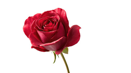 Single red rose with delicate petals and green stem, romantic flower isolated on white background, elegant botanical close-up isolated on white background