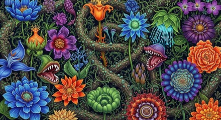 Whimsical, colorful fantasy flowers with sharp teeth sprout from a vibrant, overgrown garden