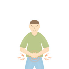 A man with stomach pain on a white background. The man is holding his stomach. Symptoms of poisoning, gastritis, etc.