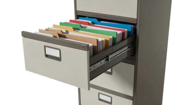 Stay organized with a modern filing cabinet featuring colorful file folders, perfect for streamlined office management and efficient document storage solutions isolated on white or transparent png.