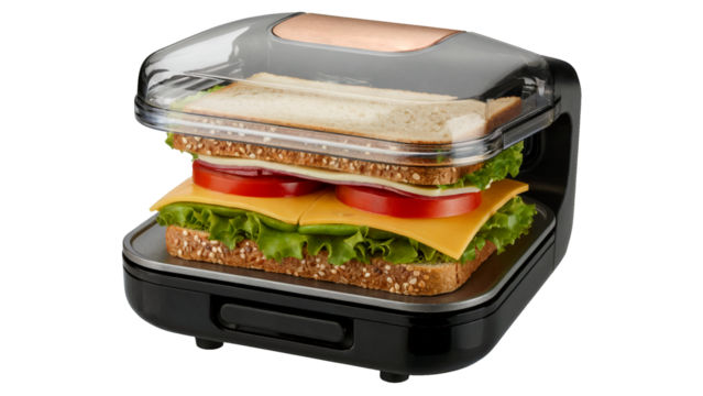 Delicious sandwich with fresh ingredients being prepared in a modern grill, perfect for healthy eating and quick meals, enjoy this tasty treat today isolated on white or transparent png.