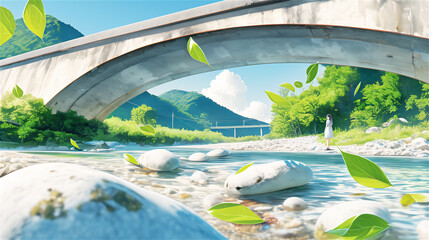 Fototapeta premium Peaceful river flowing under stone bridge in bright summer landscape, capturing calm nature scene with mountains, sunlight reflections and fresh outdoor atmosphere.