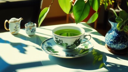 Green tea in a decorative porcelain cup and saucer.