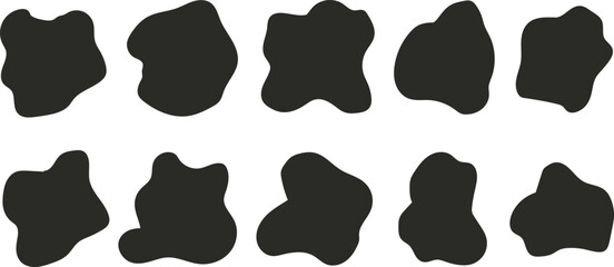 Ten irregular dark gray blob shapes on a white background organic