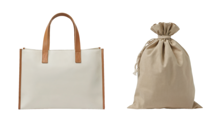 Stylish reusable tote bag with leather handles and drawstring sack, perfect for sustainable shopping, everyday carry, and eco-conscious lifestyle choices isolated on white or transparent png.
