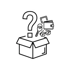 Line art illustration of a question mark above an open box with lost and found items