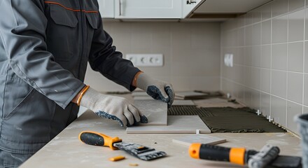 Worker Installing Ceramic Tiles on Kitchen Backsplash Renovation Project