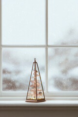 beautiful christmas lantern shaped like christmas tree sits elegantly on windowsill radiating warmth